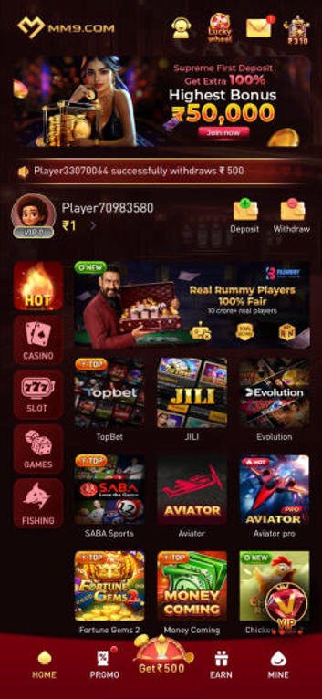 MM9 Game App mobile interface with wallet, referral bonus and daily reward section